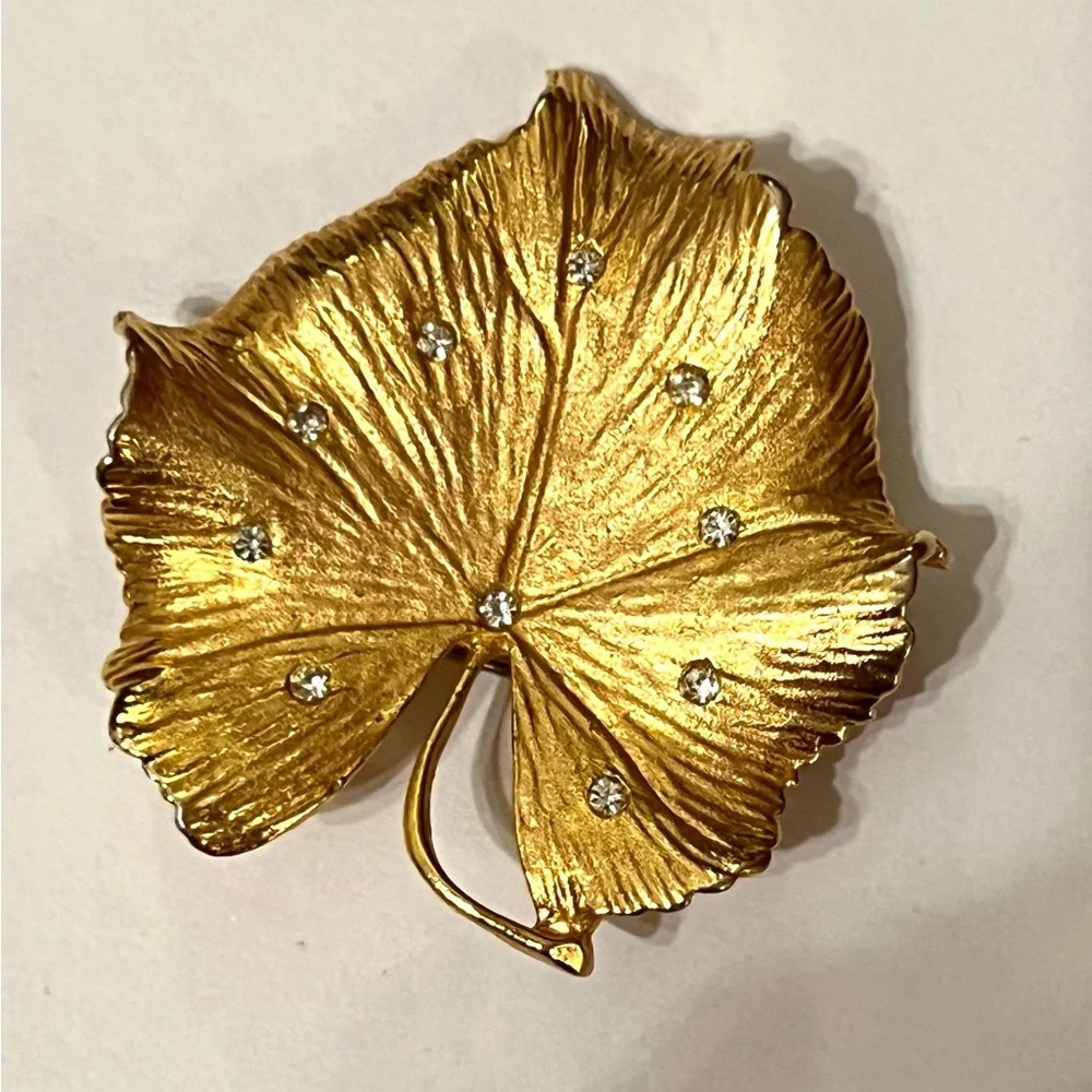 Vintage Coro Gold-Tone Textured Leaf Brooch 2x2 Rhinestone Statement Pin Signed